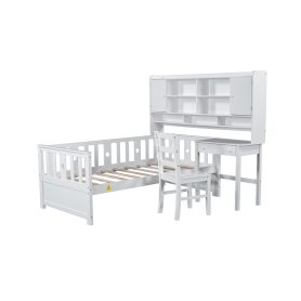 Twin Size Multifunctional Wood Platform Bed With Bookshelf At The Head Of The Bed, Built-in Desk and Matching Chair