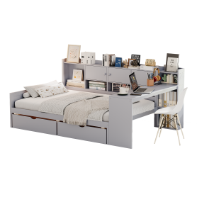 Wooden L-Shape Full Daybed Frame with Study Desk and Built-in Bookshelf