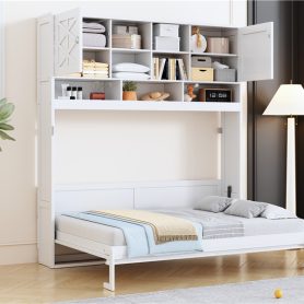 Queen Size Wall Murphy Bed With Ample Storage Space And Diamond Stripes