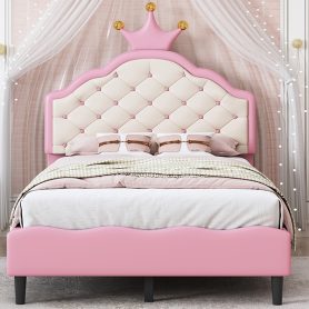 Twin Size  Lovely Crown Fantasy PU Leather Princess Bed With Tufted Headboard