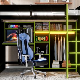 Full Size Wood Loft Bed with Desk, Open Wardrobe, Storage Compartments and RGB Lights
