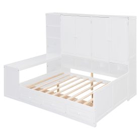 Full Size Wooden Daybed With Three Drawers, and All-in-One Cabinet, Desk and Shelves
