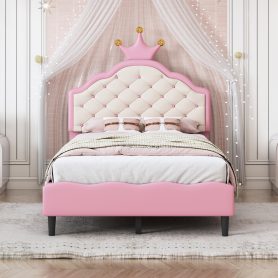 Twin Size  Lovely Crown Fantasy PU Leather Princess Bed With Tufted Headboard