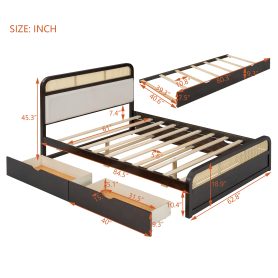 Queen Size Wooden Platform Bed With Trundle And 2 Drawers