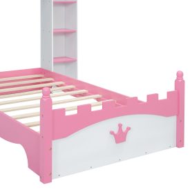 Castle-Shaped Twin Wooden Bed with Storage Shelf