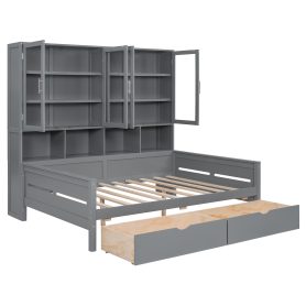 Full Size Wooden Daybed with Glass-Door Storage Cabinets, Built-in LED Lighting and Shelves