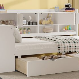 Wooden L-Shape Daybed with Seven Storage Cabinets and Two Storage Drawers