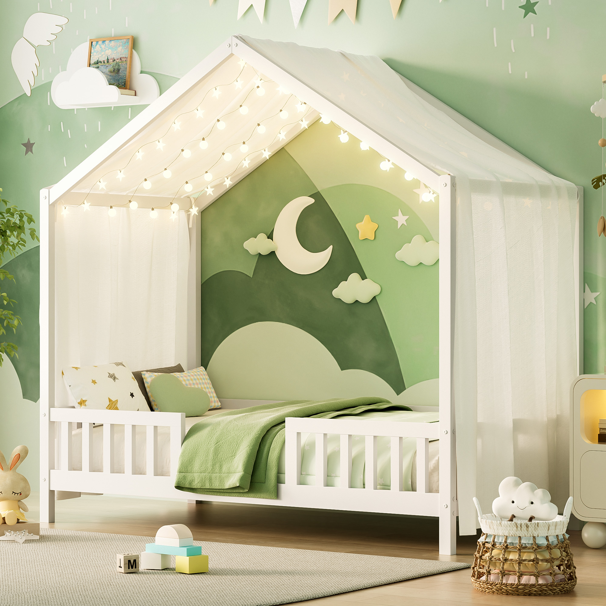 Twin Size Montessori Floor Bed With Canopy and High Railings