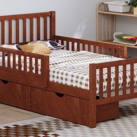 Twin Size Wood Platform Bed With Guardrails On Both Sides and Two Storage Drawers