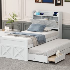 Twin Size Wooden Bed With Storage Headboard With Outlets, Twin Size Trundle With Three Storage Drawers