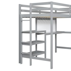 Twin Size Wooden Loft Bed with Shelves, Desk and Writing Board