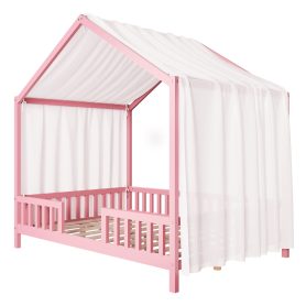 Full Size Montessori Floor Bed With Canopy and High Railings