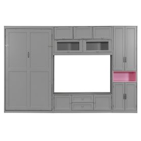 Twin Size Wooden Murphy Bed with TV Stand, 2 Drawers, Shelves, and Cabinets