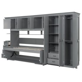 Twin Size Murphy Bed Wall Bed with Wardrobe, Cabinet and Desk