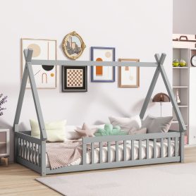 Twin Tent-shaped Teepee Bed with Guardrails, Slats