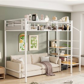 Twin Size Metal Loft Bed with Upper Grid Storage Shelf and Lateral Storage Ladder