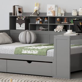 Wooden Full Size Daybed With Storage Shelves, Two Storage Drawers and Study Desk