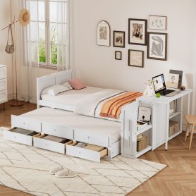 Twin Size Multifunctional Wood Platform Bed With Desk and Storage Shelf At The End Of The Bed, Built-in Trundle and 3 Drawers