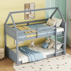 Twin Over Twin House Floor Bunk Bed with Headboards, Footboards and Guardrails, Ladder