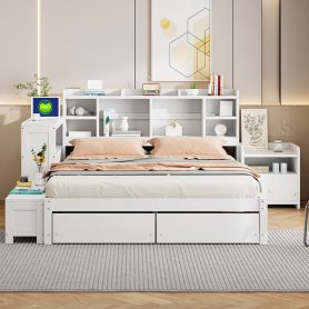 Full Size Wooden Platform Bed With Multi-functional Storage Space, Nightstand, 2 Drawers, Usb Ports And Desk