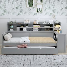 Wooden Full Size Daybed With Storage Shelves, Twin Size Trundle Bed and  Study Desk