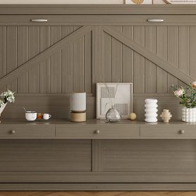 Queen Size Murphy Bed with Storage, Foldable Cabinet Bed with Vanity Desk, Center Mirror & 2 Side Drawers