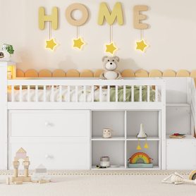 Wood Low Twin Size Loft Bed With LED, Bookshelf, Stairs, Storage Drawers And Shelves