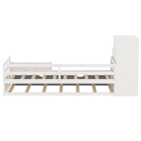 Twin Size Wood Platform Bed With Sample Bookshelf And Movable Wardrobe, Built-in Trundle Bed
