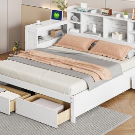Full Size Wooden Platform Bed With Multi-functional Storage Space, Nightstand, 2 Drawers, Usb Ports And Desk