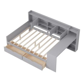 Wooden L-Shape Full Daybed Frame with Study Desk and Built-in Bookshelf