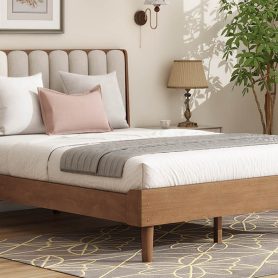 Queen Size Wood Bed with Piano Key Style Upholstered Headboard 42 Queen Size Wood Bed with Piano Key Style Upholstered Headboard