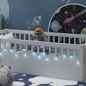 Twin Montessori Floor Bed Frame With High Rails, Light And Storage Shelf