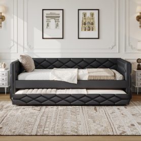Full XL Size Upholstered Daybed with Trundle and LED