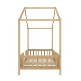 Twin Size Montessori Floor Bed With Canopy and High Railings