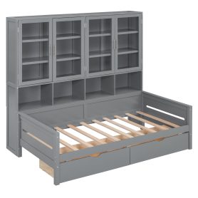 Twin Size Wooden Daybed With Glass-door Storage Cabinets, Built-in LED Lighting And Shelves
