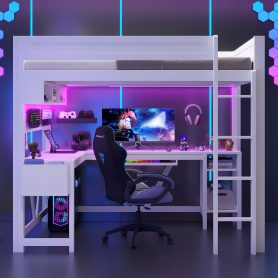Wood Full Size Gaming Loft Bed with Desk, Storage Shelves, LED and Charging Station