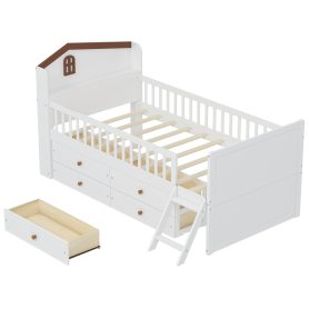 Twin Bed Frame With Storage 4 Drawers, Guardrail Headboard And Ladder