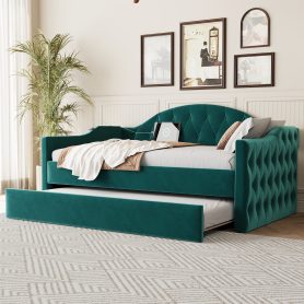 Twin Size Tufted Upholstered Daybed With Trundle, USB & Type-c Charging Ports