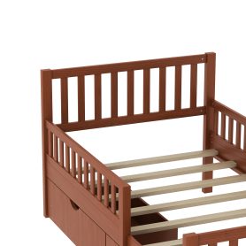 Twin Size Wood Platform Bed With Guardrails On Both Sides and Two Storage Drawers