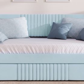 Upholstered Twin Size Daybed  With Trundle Bed and Wood Slat