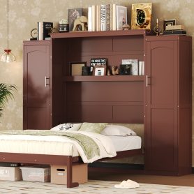 Wooden Full Wall Bed With 2 Wardrobe And Storage Shelf