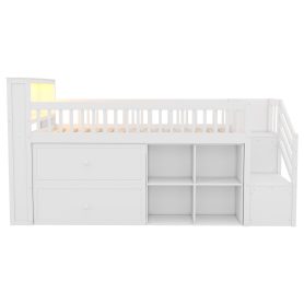 Wood Low Twin Size Loft Bed With LED, Bookshelf, Stairs, Storage Drawers And Shelves