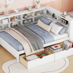 Wooden Full Size Daybed With 2 Drawers, Storage Shelf And USB Charging Ports