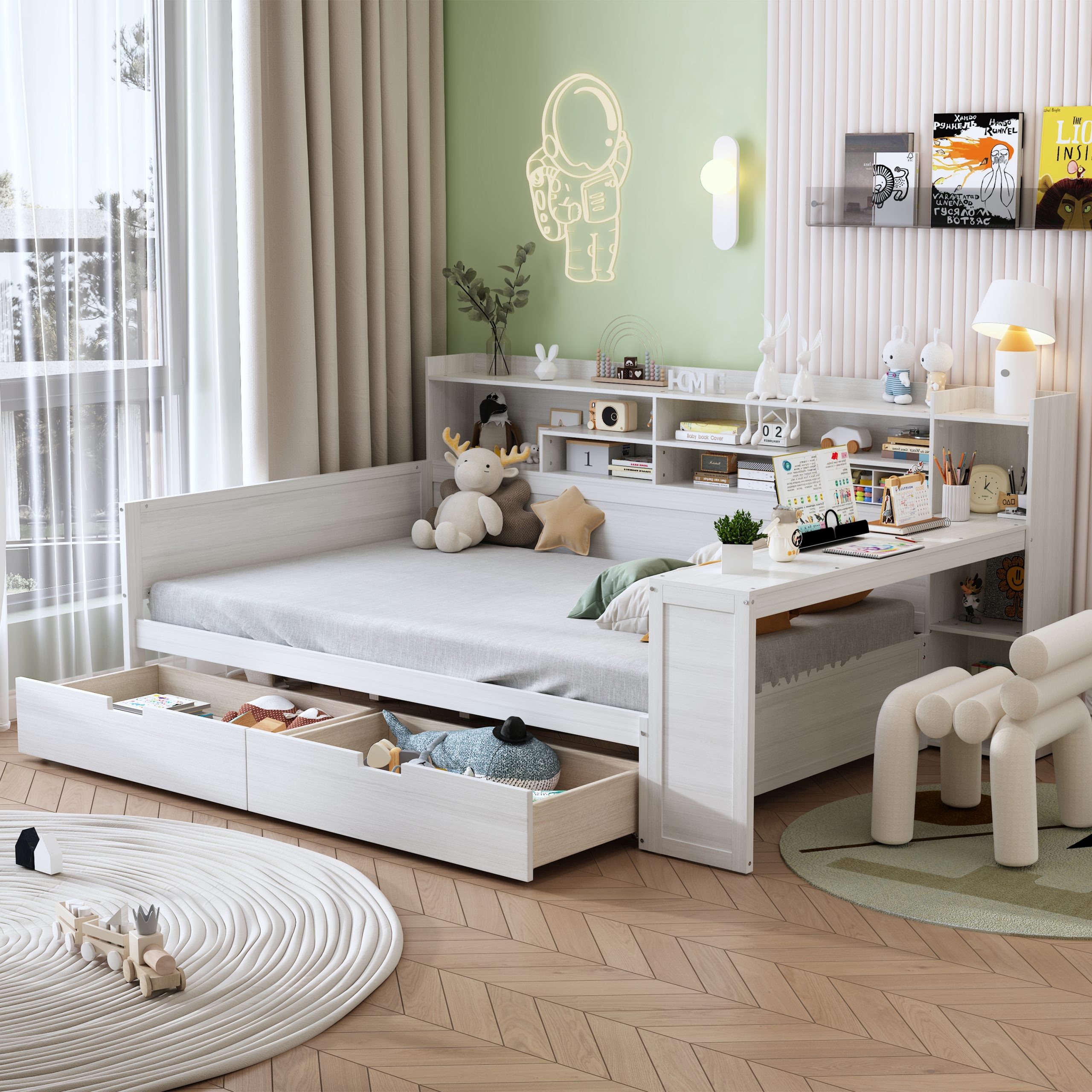 Wooden Full Size Daybed With Storage Shelves, Two Storage Drawers and Study Desk