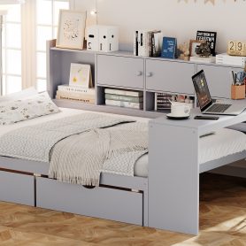 Wooden L-Shape Full Daybed Frame with Study Desk and Built-in Bookshelf