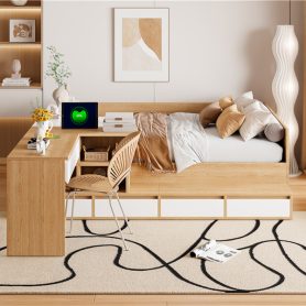 Full Size Wooden Platform Bed With 6 Drawers, Shelves And Dressing Table