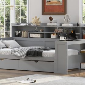 Wooden Twin Size Daybed With Storage Shelves, Two Storage Drawers  and  Study Desk