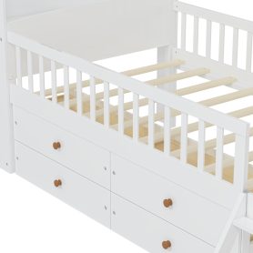 Twin Bed Frame With Storage 4 Drawers, Guardrail Headboard And Ladder