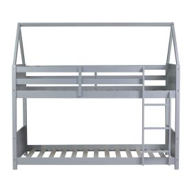 Twin Over Twin House Floor Bunk Bed with Headboards, Footboards and Guardrails, Ladder