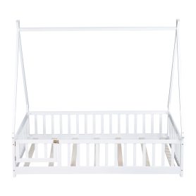 Full Size Rubber Wood Tent-shaped Floor Bed with Guardrails, Slats And Door
